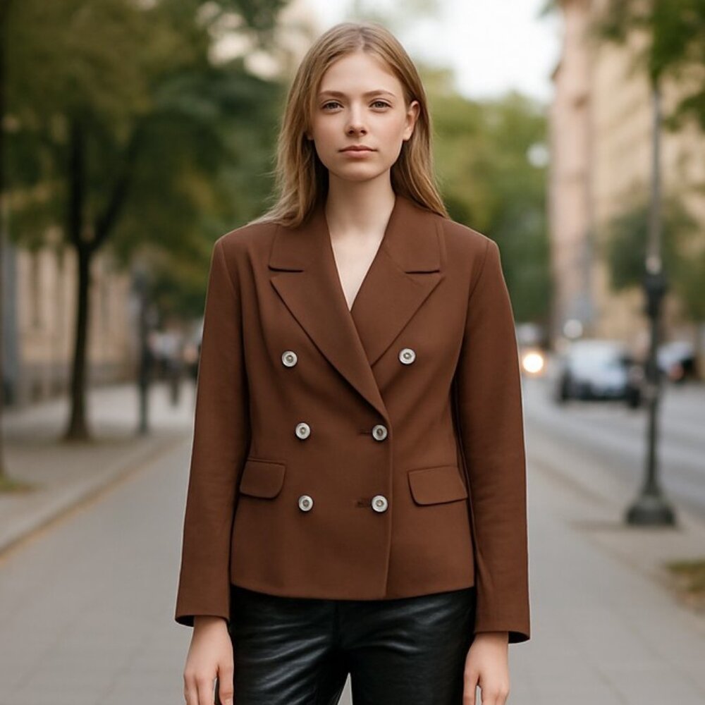 NWT AVEC LES FILLES DOUBLE BREASTED NON WRINKLE BLAZER IN COLOR CHOCOLATE